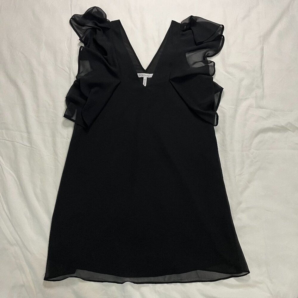 BCBG Black Chiffon Style Ruffle Sleeve Tank Dress | Size S